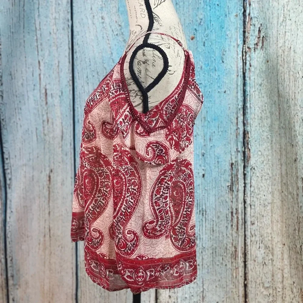 Anthropologie NWT Skies Are Blue Wine Paisley Lattice Cold Shoulder Top